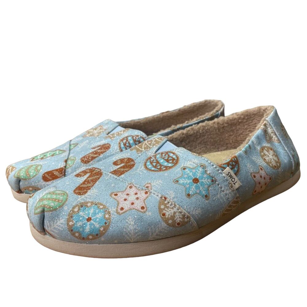 TOMS Womens Shoe Size 6 Baby Blue Glitter Sugar Cookies Print w/Faux Shearling